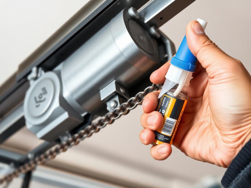 Garage door chain and motor mechanism being lubricated during professional maintenance service