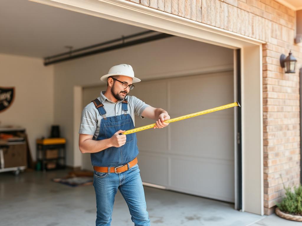 Homeowner measuring garage door opening with tape measure for accurate sizing