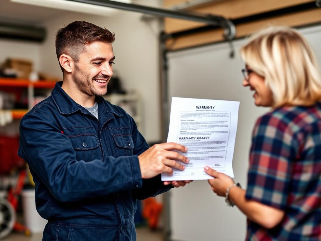 Professional garage door technician explaining warranty documents to homeowner